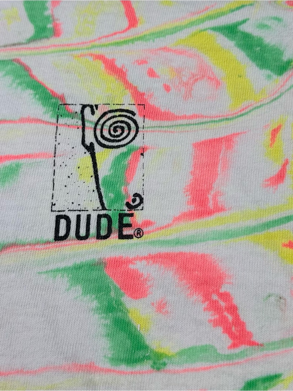 Vintage 1988 DUDE Sportswear Neon Surf Tee XL Single Stitch Boxy Cropped 80s - Picture 8 of 14